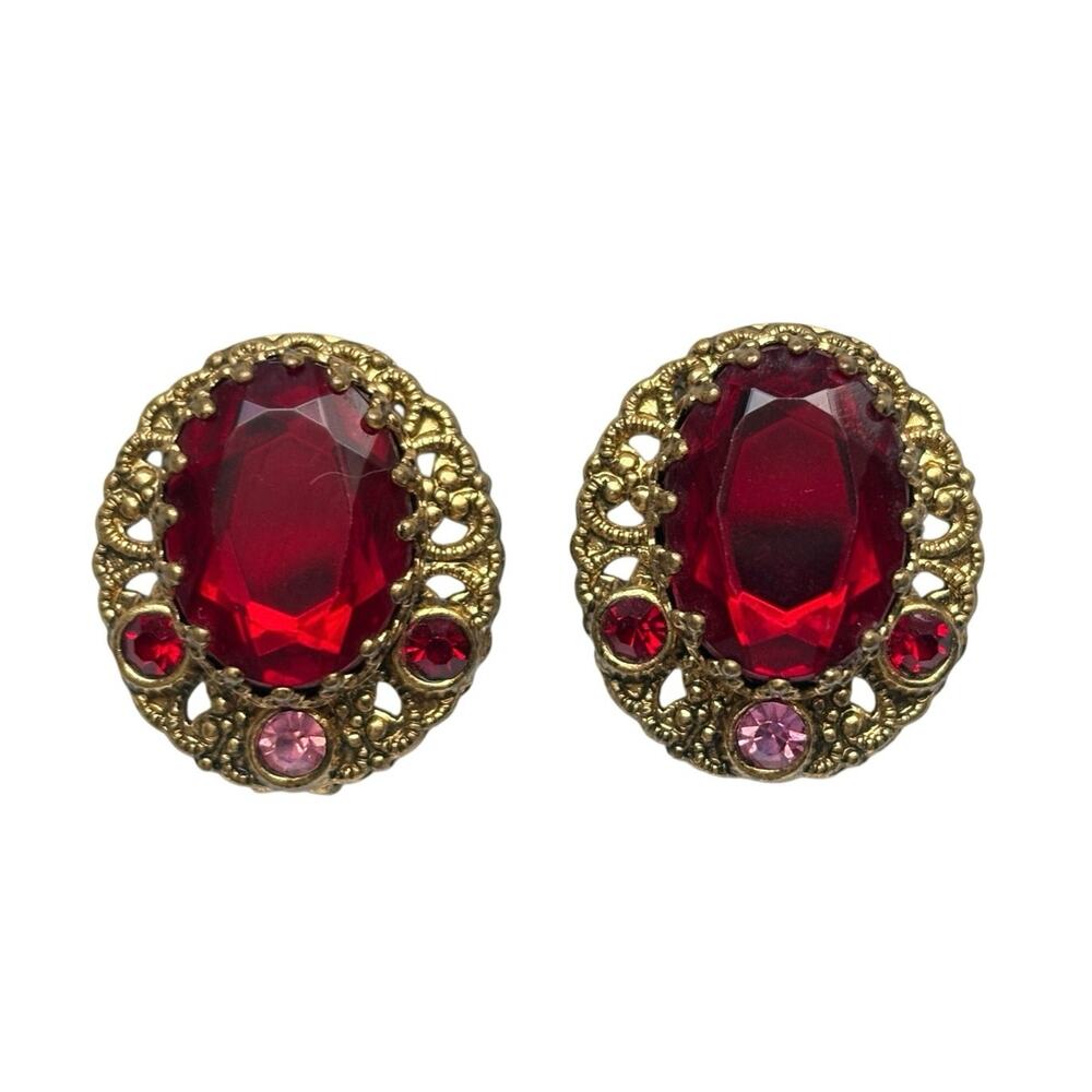 Vtg West Germany Red Glass & Faux Pearls Clip On Earrings Ornate Open 1” x 7/8”